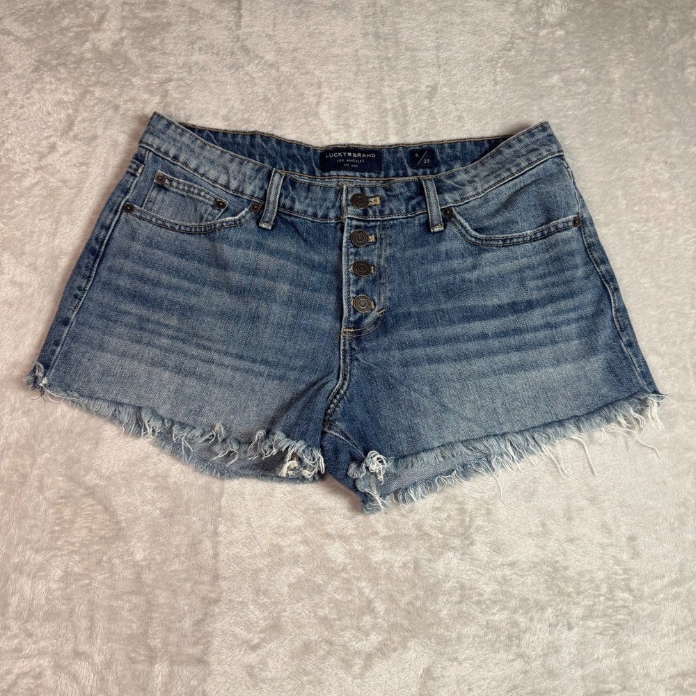 Lucky Brand Womens The Cut Off Denim Shorts Blue Button Fly Frayed Hem Size 8/29